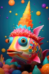 A brightly colored fish with a horn on its head
