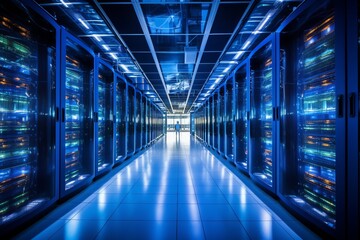Fototapeta premium Sophisticated data center showcasing organized server racks emitting a mesmerizing blue glow