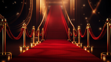 Red Event Carpet, Stair and Gold Rope Barrier Concept of Success and Triumph. Made with generative ai