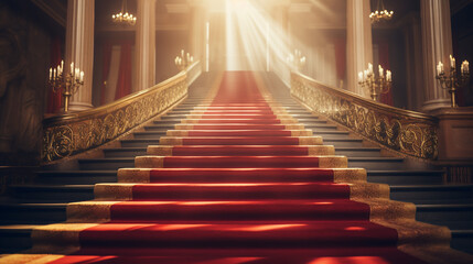 Red Event Carpet, Stair and Gold Rope Barrier Concept of Success and Triumph. Made with generative ai - obrazy, fototapety, plakaty