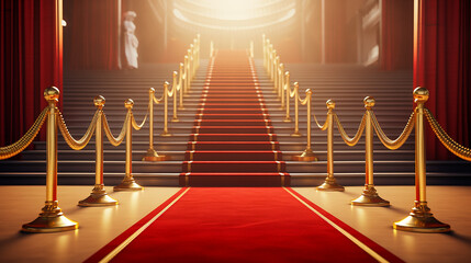 Red Event Carpet, Stair and Gold Rope Barrier Concept of Success and Triumph. Made with generative ai