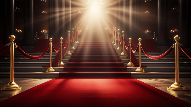 Red Event Carpet, Stair and Gold Rope Barrier Concept of Success and Triumph. Made with generative ai