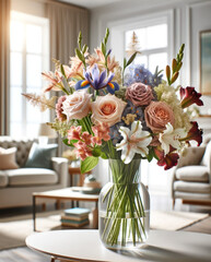 Vertical professional photo of a bouquet in a glass vase with roses, lilies, irises, and gladioli, in a bright living room, blurred background.
