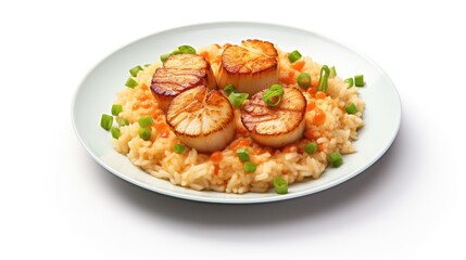 A white plate topped with rice and scallops, tasty risotto dish.