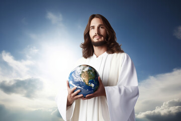 Jesus the son of God in white clothes stands at a background of blue sky and clouds - he is smiling and holding the planet Earth globe in his hands. Jesus Christ loves you.