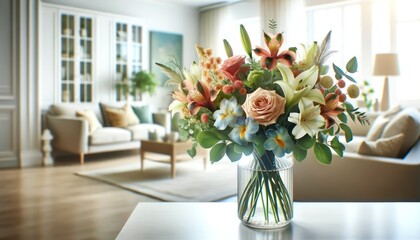 Horizontal professional photo of a bouquet in a glass vase with roses, lilies, irises, and gladioli, in a bright living room, blurred background.
