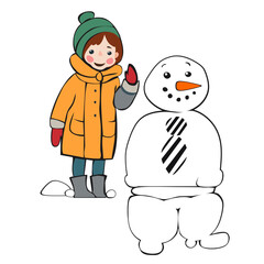 children with snowman, girl and snowman, this is a vector drawing