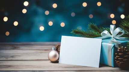 Christmas greeting card and gift box on wooden background with bokeh
