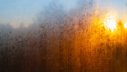 Closeup shot of a frosty window turned orange in the light of the sun at sunset