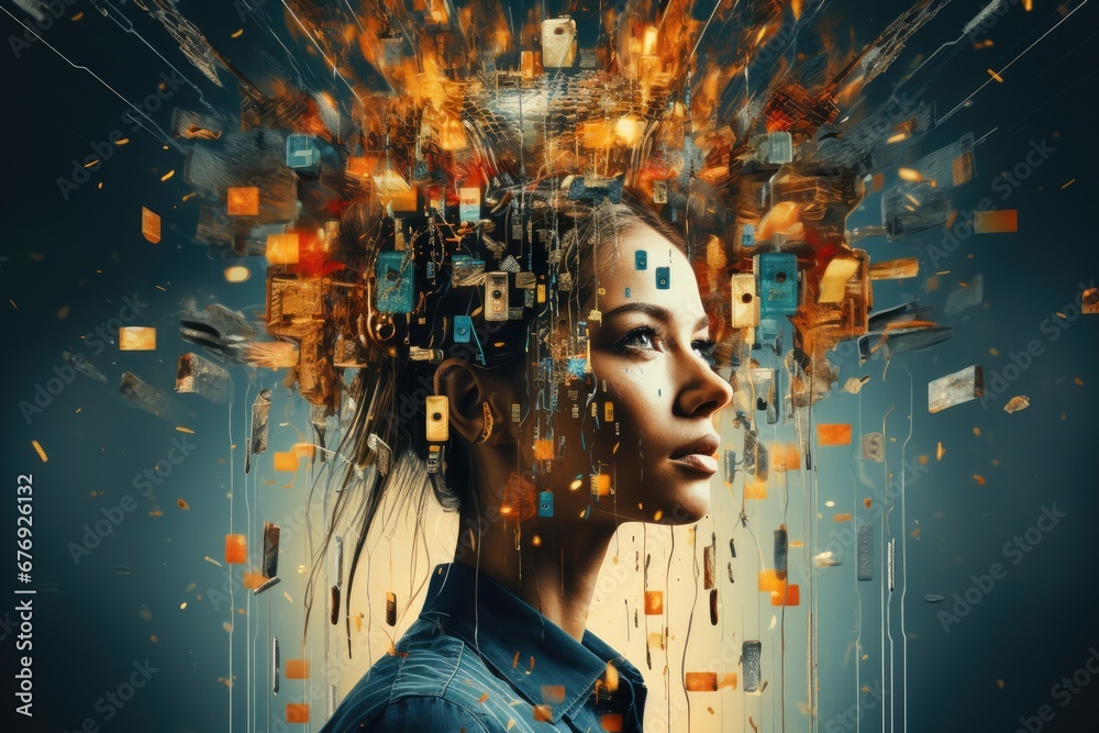 Aufkleber Woman with digital data exploding from mind in cyber environment.