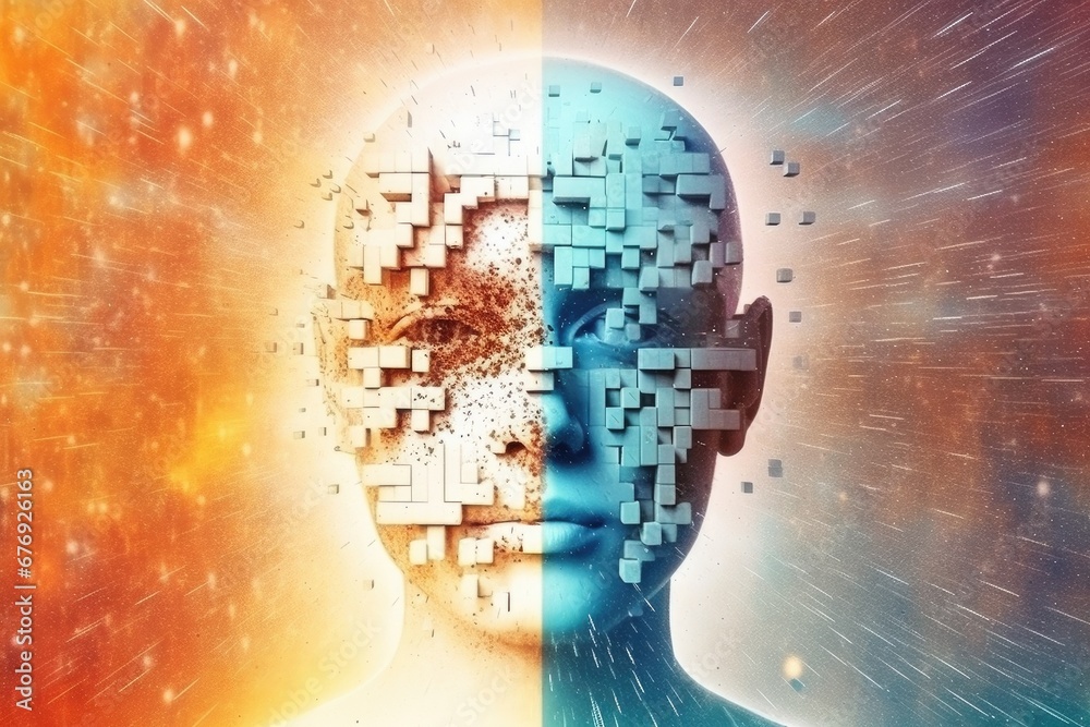 Poster Conceptual image of a human head transitioning into digital pixels.