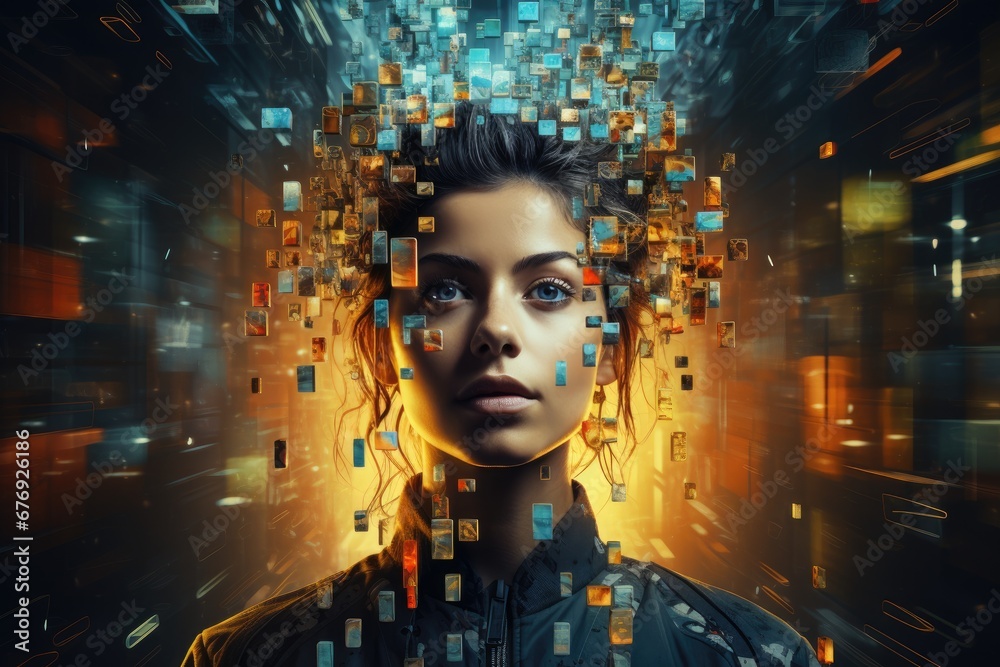 Poster Woman with digital data exploding from mind in abstract cyber environment.