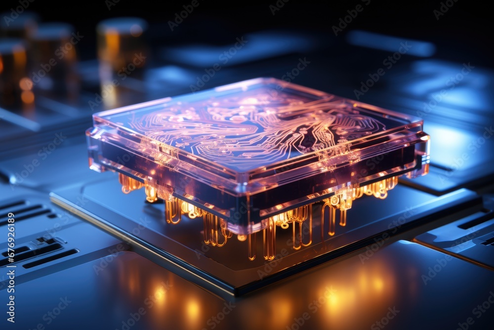 Poster Futuristic Glowing Processor on Circuit Board