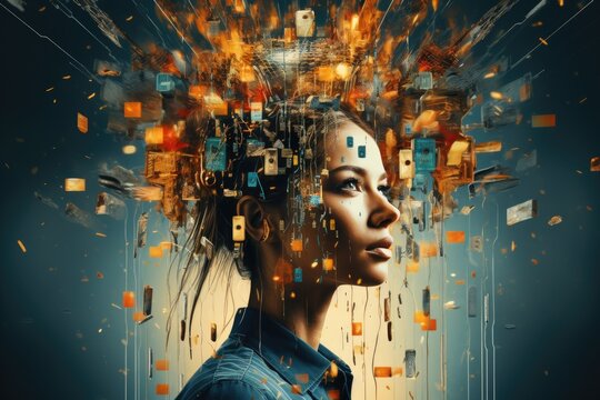Woman with digital data exploding from mind in cyber environment.