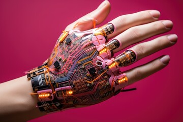 Detailed view of a robotic hand with intricate wiring and components, set against a pink backdrop.
