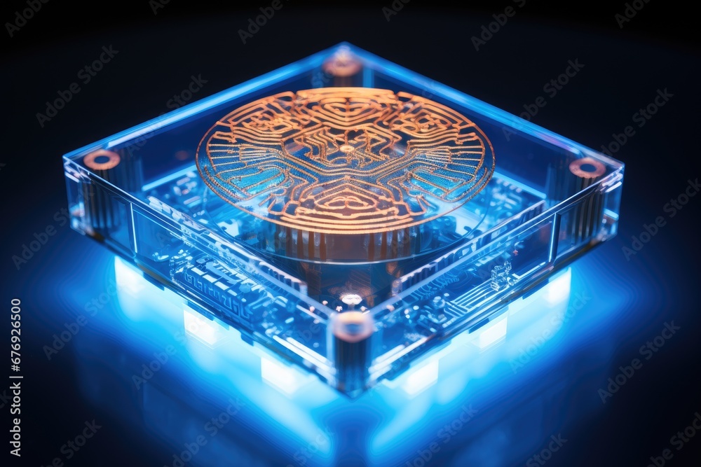 Poster illuminated cryptocurrency coin in high-tech display