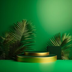 Fototapeta na wymiar Golden podium on an abstract green background with a shadow of palm leaves. A scene with a geometric background. Backdrop for the product presentation. Showcase, display case. Made with generative ai.