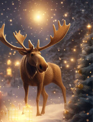 Obraz na płótnie Canvas deer with christmas tree, golden light, winter , merry christmas, background poster, wallpaper, ai generated