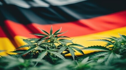 German flag with hemp leaf background. Cannabis legalization in Germany concept. Legal medical hemp plant marijuana.