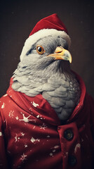 Realistic portrait of a pigeon in Santa clothes. Dramatic lighting.