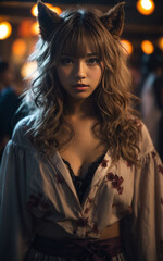 Fototapeta premium Beautiful Asian sexy woman in a werewolf costume. Halloween festival concept. Female in a werewolf cosplay. Dark mood Halloween poster.