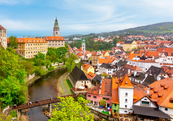 Naklejka na ściany i meble Cesky Krumlov cityscape with castle over old town, Czech Republic
