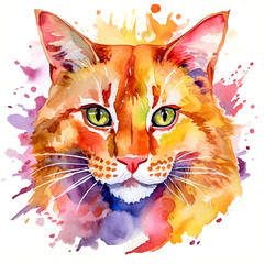 Watercolor drawing of ginger cat on white. Watercolour painting of ginger cat, AI generated.