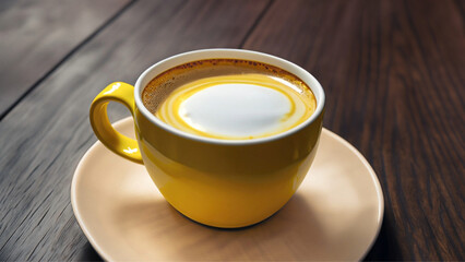 Uma xícara amarela com pires, com café cremoso, sobre uma superfície de madeira.