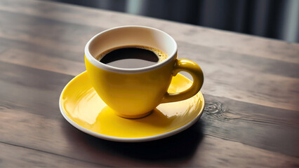 Uma xícara amarela com pires, com café, sobre uma mesa de madeira. - obrazy, fototapety, plakaty