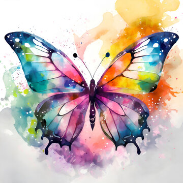 Watercolor drawing  of a beautiful butterfly on white. Watercolour painting of butterfly in bright rainbow colors, AI generated.