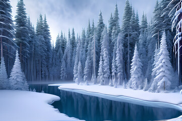 Winter forest landscape, river trees, snowy atmospheric beautiful trees, Generative AI