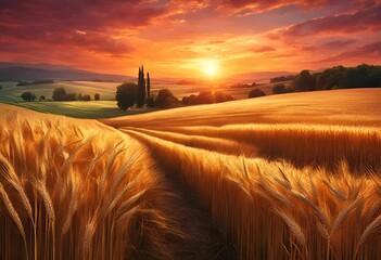 AI generated illustration of a picturesque view of a wheat field illuminated by a golden sunset
