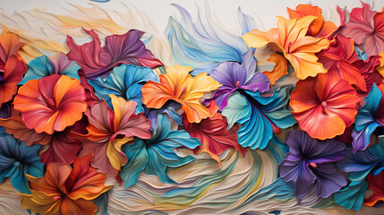Fototapeta na wymiar Vibrant Hibiscus Floral Print in Pastel Hues and Precisionist Swirls on Wavy Resin, Rococo Swirl.