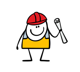 Satisfied worker in uniform stands and holds a rolled-up plan or drawing. Vector illustration of the construction of house, road or mechanism in factory.