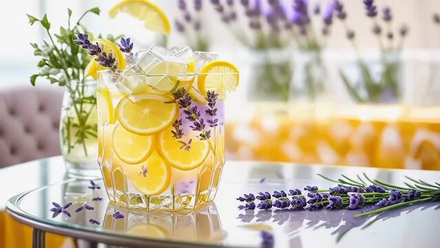 Summer trendy drink. Lavender lemonade with lavender flowers, lemon and ice cubes in transparent glass on table on blurred restaurant interior background. Healthy refreshing beverage