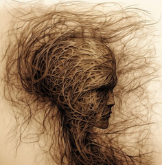 Threaded Elegance: Woman's Sculptural Head Woven with Myriad Threads, Creating Intricate Portrait Tapestry, AI generated