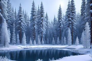 Winter forest landscape, river trees, snowy atmospheric beautiful trees, Generative AI