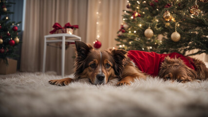 Cachorro com roupa de natal deitado com uma árvore natalina no fundo - obrazy, fototapety, plakaty