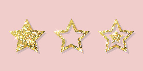 Set of gold glitter vector stars on a pink background. Golden sparkle luxury design elements.