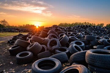 Obraz premium A pile of discarded tires in a dirt field at sunrise