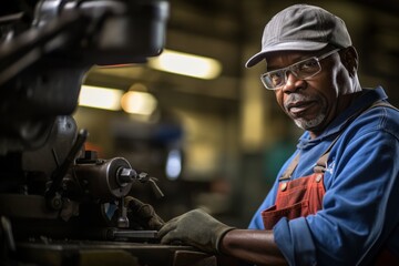 Fototapeta na wymiar A skilled African American worker operating a vintage lathe machine in a factory
