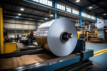 A massive coil of metal on an industrial production line