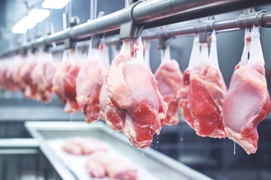 processing of chicken meat pieces of meat hang on the conveyor