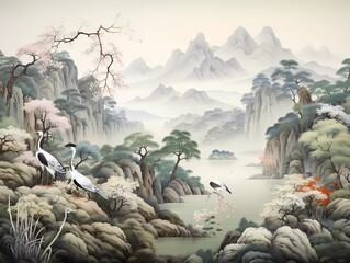 A beautiful asian, chinese art painting. Blossoming gardens, trees and birds. Beautiful asian landscape with mountains and river. - obrazy, fototapety, plakaty