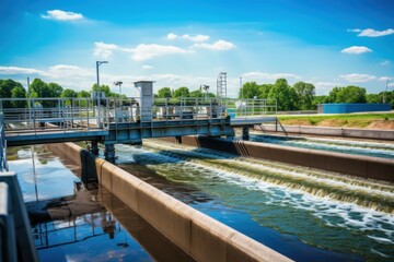 A bridge over a large body of water at a wastewater treatment plant