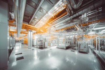 An expansive industrial space with a network of metallic pipes