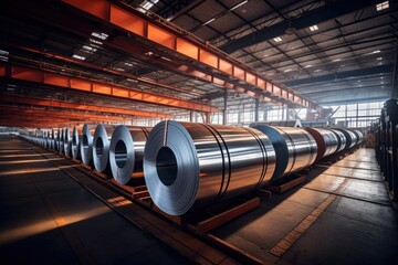 Rolls of cold rolled steel in a large warehouse