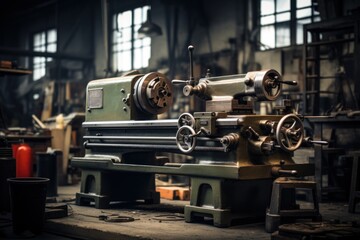 An old-fashioned lathe positioned on a worktable inside a manufacturing facility - obrazy, fototapety, plakaty