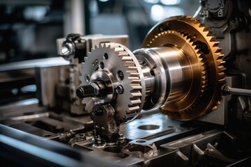 Fototapeta na wymiar A detailed view of mechanical gears on a machine