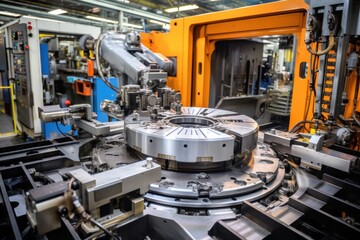 Fototapeta premium An industrial CNC machine operating on a large piece of machinery